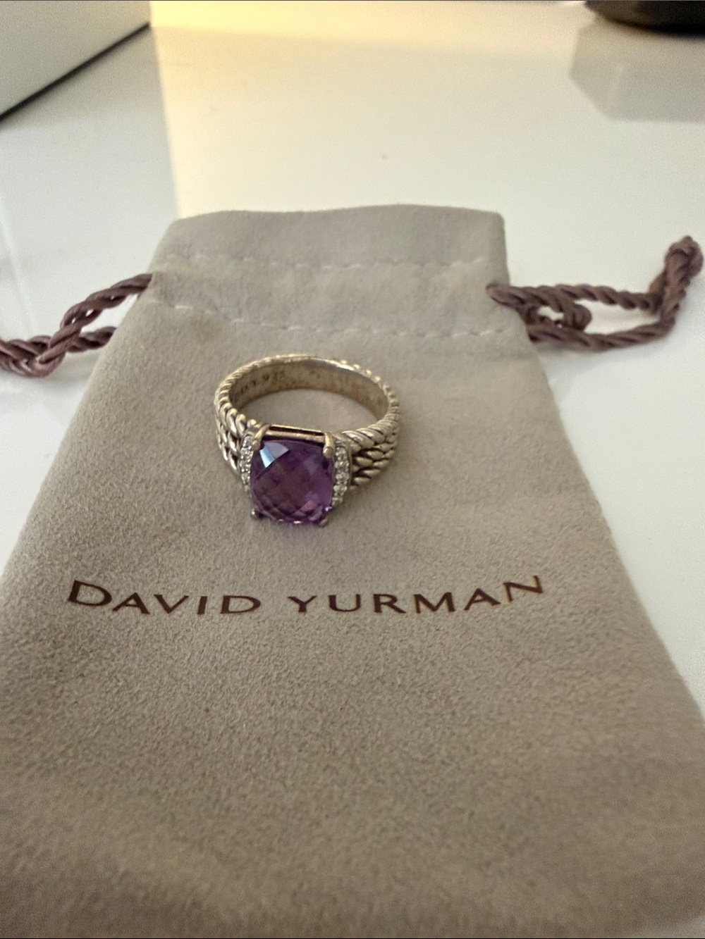 David Yurman Amethyst Cable Ring in Sterling Silver. Size 7